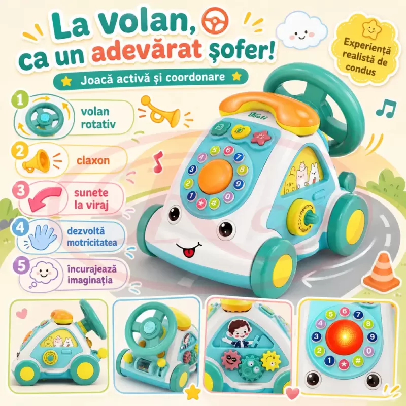 Jucarie Interactiva Masinuta cu Telefon, Volan, Lumini si Sunete Educative, Turcoaz, 18 Luni+