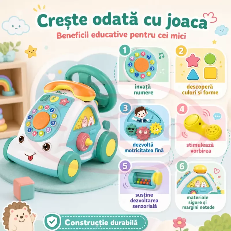 Jucarie Interactiva Masinuta cu Telefon, Volan, Lumini si Sunete Educative, Turcoaz, 18 Luni+