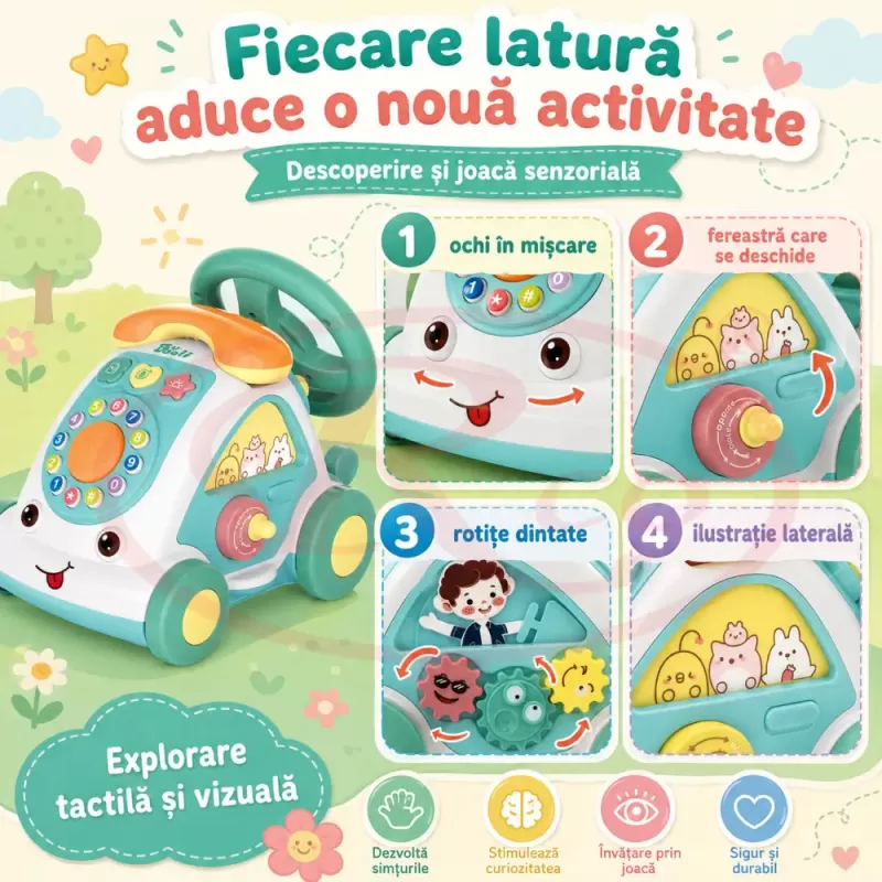 Jucarie Interactiva Masinuta cu Telefon, Volan, Lumini si Sunete Educative, Turcoaz, 18 Luni+