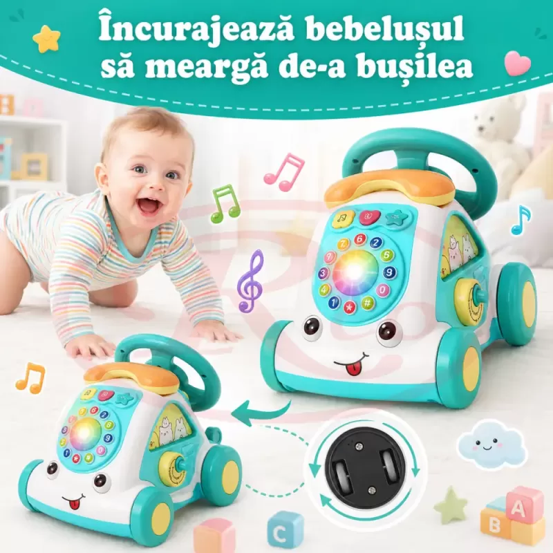 Jucarie Interactiva Masinuta cu Telefon, Volan, Lumini si Sunete Educative, Turcoaz, 18 Luni+