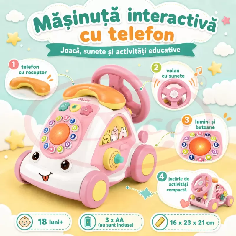 Jucarie Interactiva Masinuta cu Telefon, Volan, Lumini si Sunete Educative, Roz, 18 Luni+