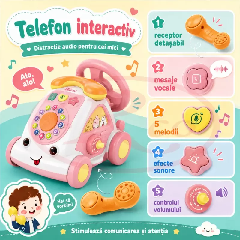 Jucarie Interactiva Masinuta cu Telefon, Volan, Lumini si Sunete Educative, Roz, 18 Luni+