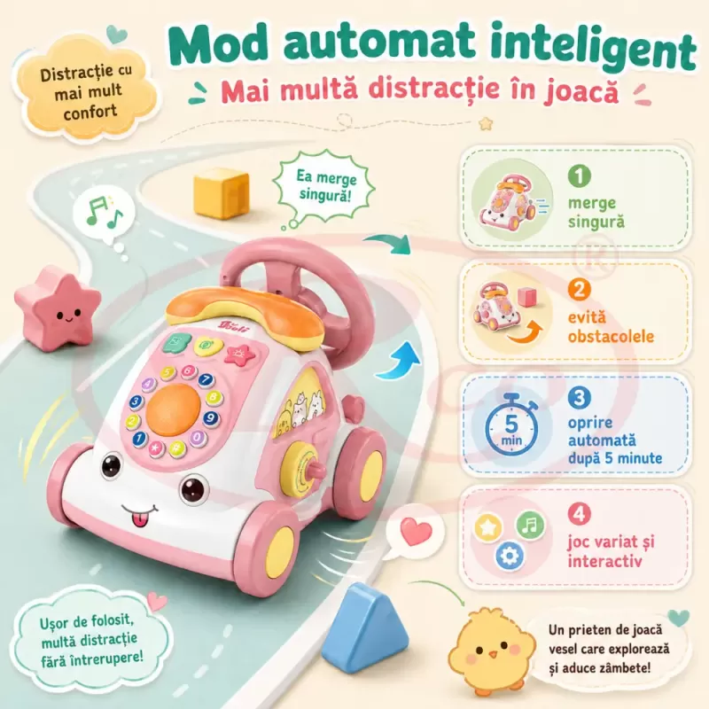 Jucarie Interactiva Masinuta cu Telefon, Volan, Lumini si Sunete Educative, Roz, 18 Luni+