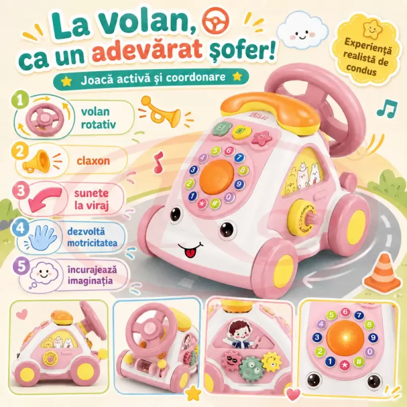 Jucarie Interactiva Masinuta cu Telefon, Volan, Lumini si Sunete Educative, Roz, 18 Luni+