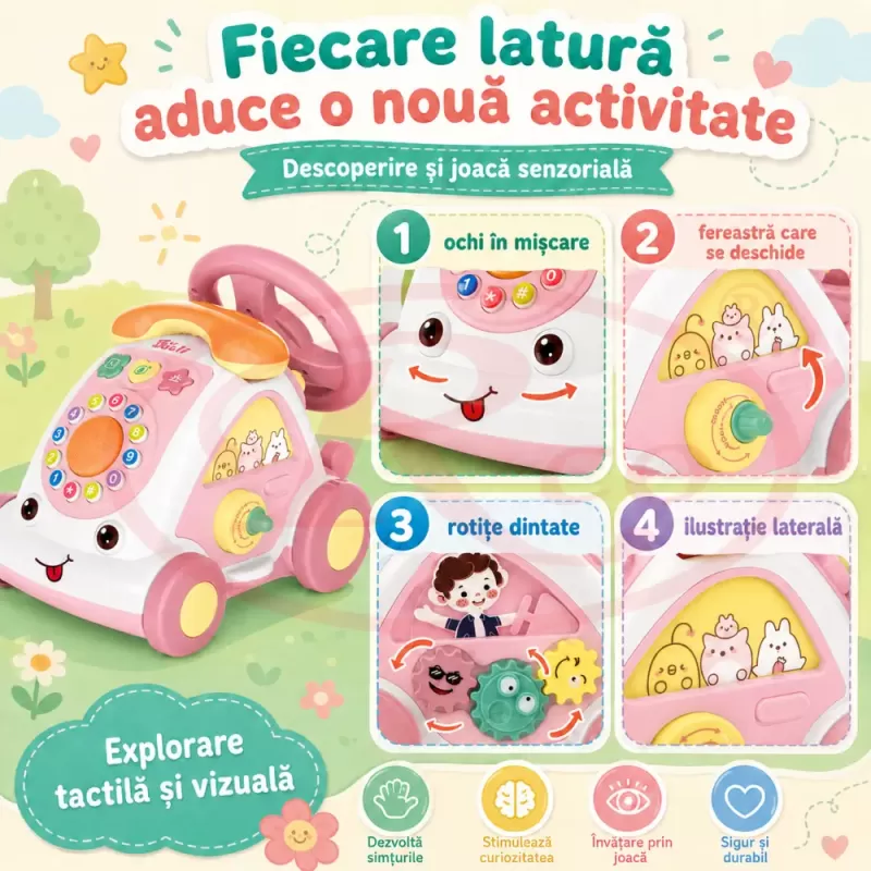 Jucarie Interactiva Masinuta cu Telefon, Volan, Lumini si Sunete Educative, Roz, 18 Luni+