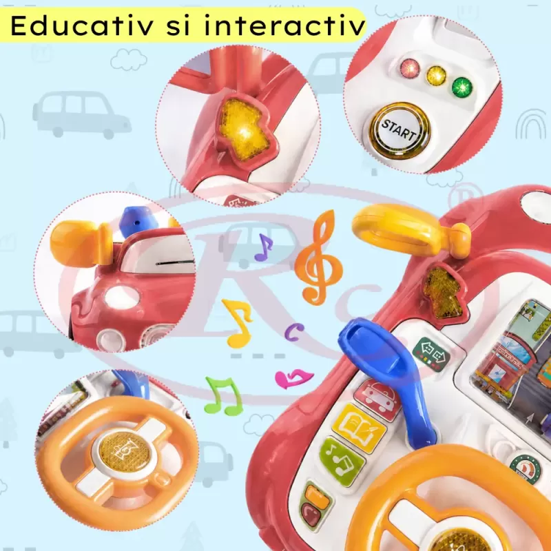 Simulator Auto Interactiv pentru Copii cu Volan – Lumini, Sunete, Muzica, Roz somon