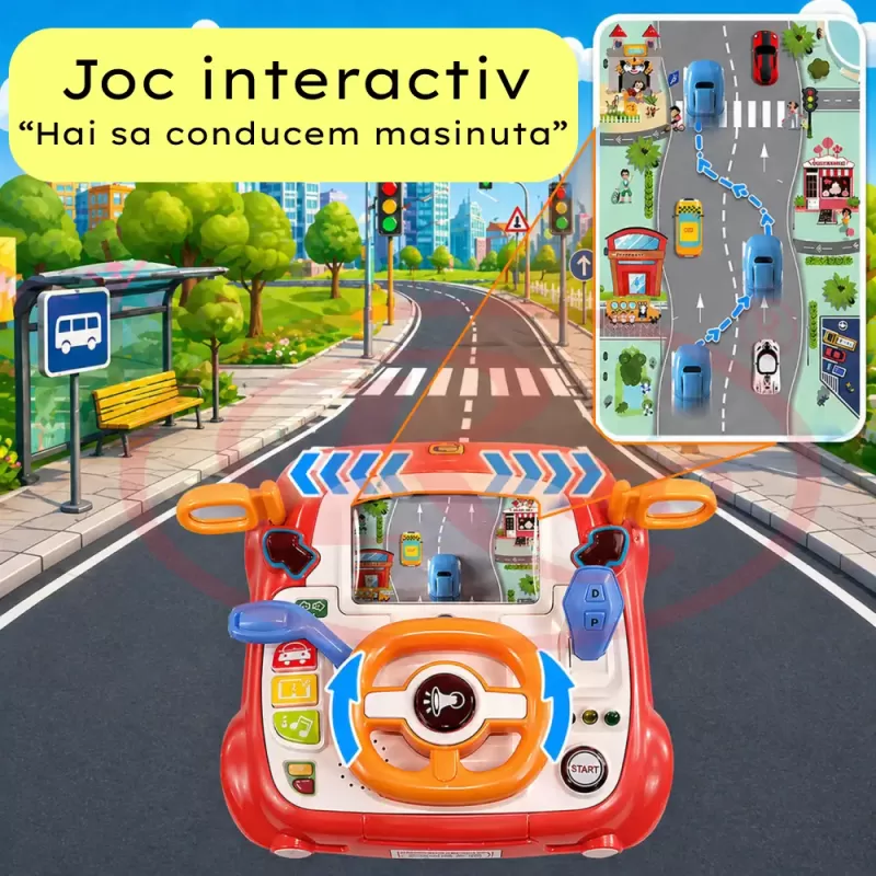 Simulator Auto Interactiv pentru Copii cu Volan – Lumini, Sunete, Muzica, Roz somon