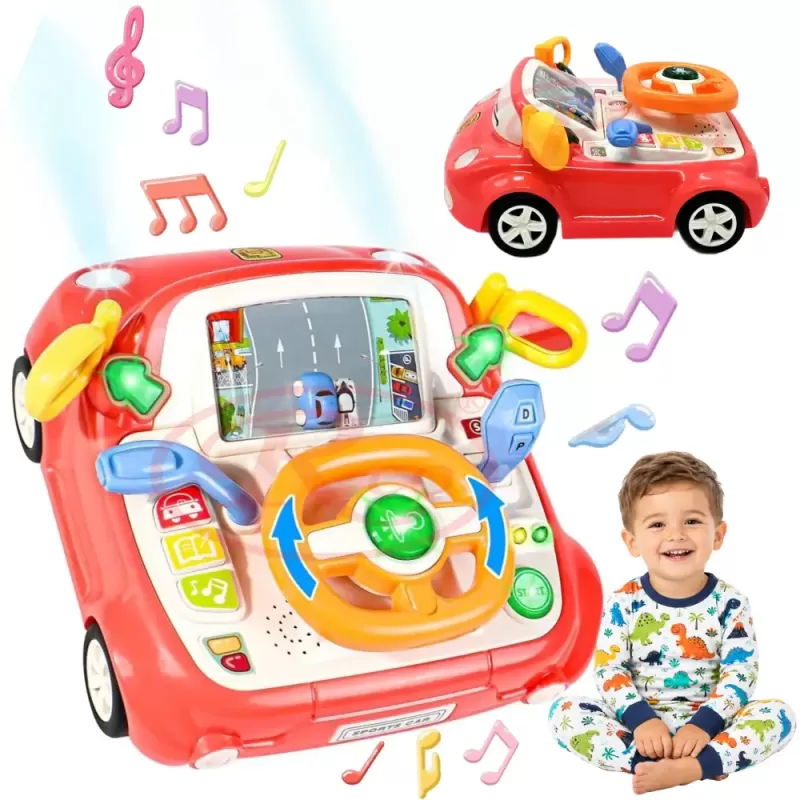 Simulator Auto Interactiv pentru Copii cu Volan – Lumini, Sunete, Muzica, Roz somon