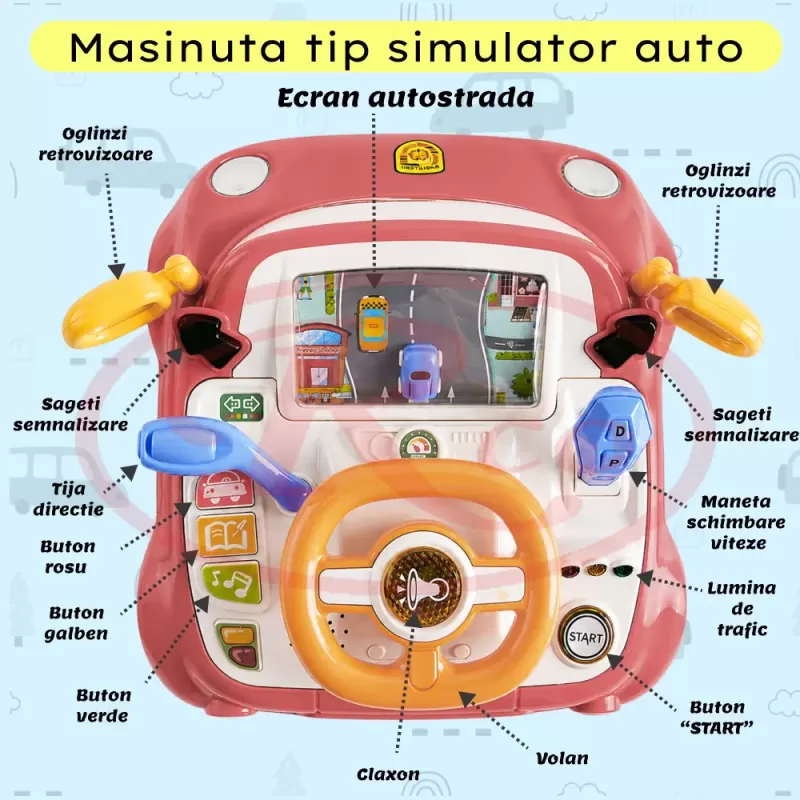 Simulator Auto Interactiv pentru Copii cu Volan – Lumini, Sunete, Muzica, Roz somon