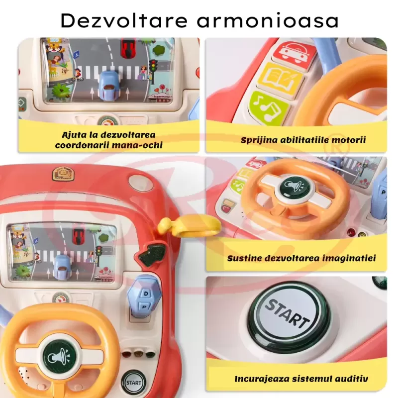 Simulator Auto Interactiv pentru Copii cu Volan – Lumini, Sunete, Muzica, Roz somon