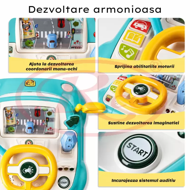 Simulator Auto Interactiv pentru Copii cu Volan – Lumini, Sunete, Muzica, Turcoaz