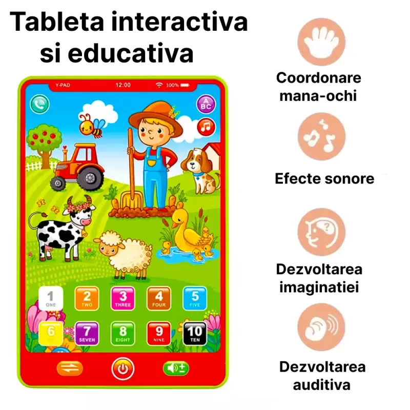 Tableta RCO Y-pad interactiva si educativa, Ferma animalelor in limba engleza, 20.5x13.8x1.3cm, 3+ani