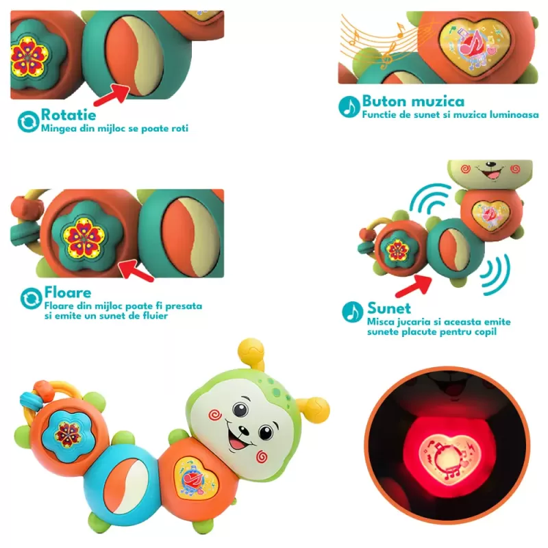 Jucarie interactiva cu functie de rotire 360 de grade si lumini, Omida RCO, 23 x 8 cm, +12 luni