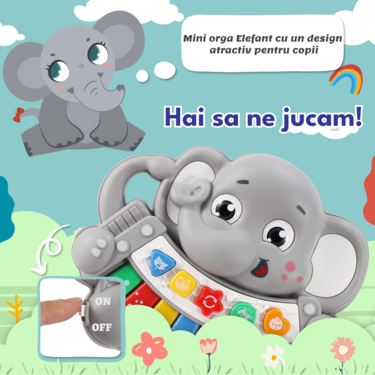 Jucarie interactiva muzicala cu functii si lumini, mini orga Elefant RCO, 21 x 17 cm, +18 luni