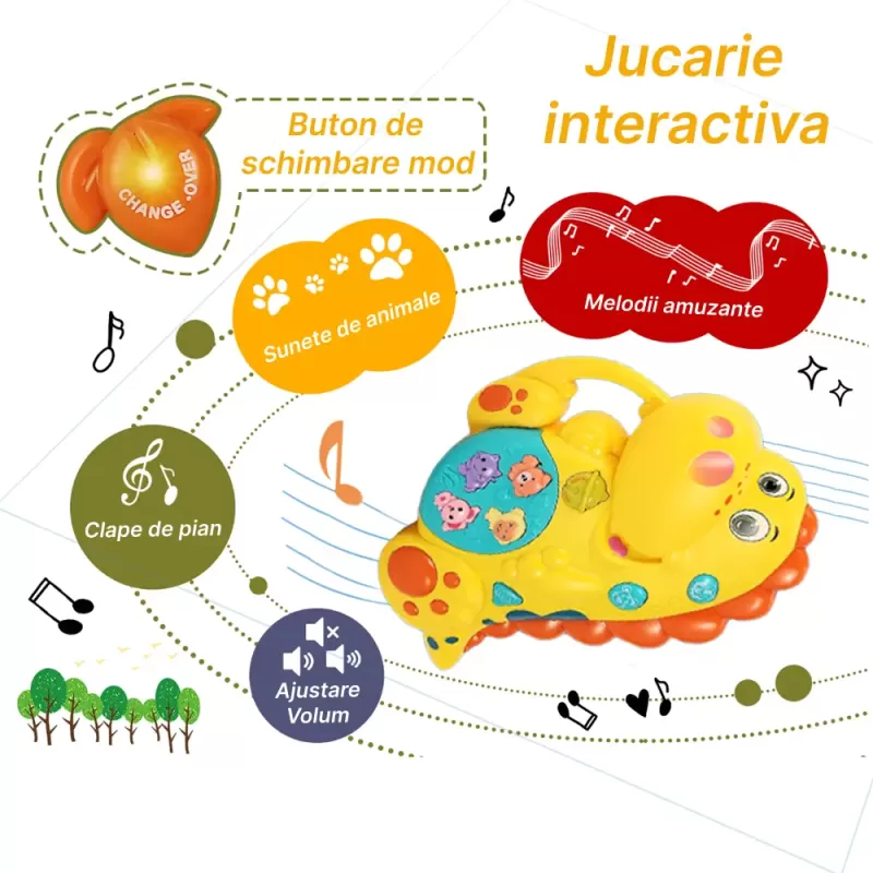 Jucarie interactiva muzicala cu functii si lumini, Dinozaur RCO, 14 x 14 cm, +12 luni