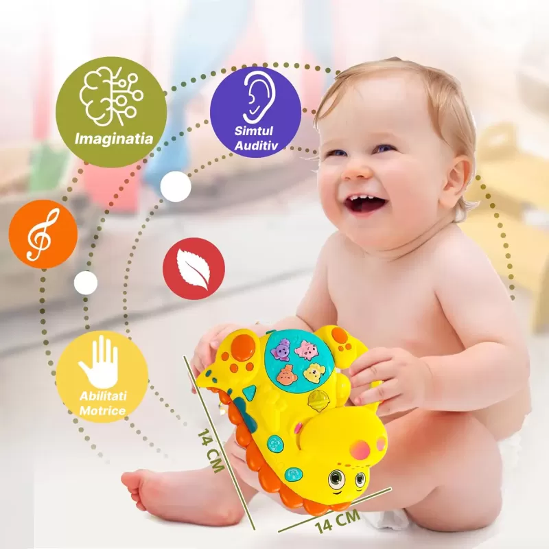 Jucarie interactiva muzicala cu functii si lumini, Dinozaur RCO, 14 x 14 cm, +12 luni