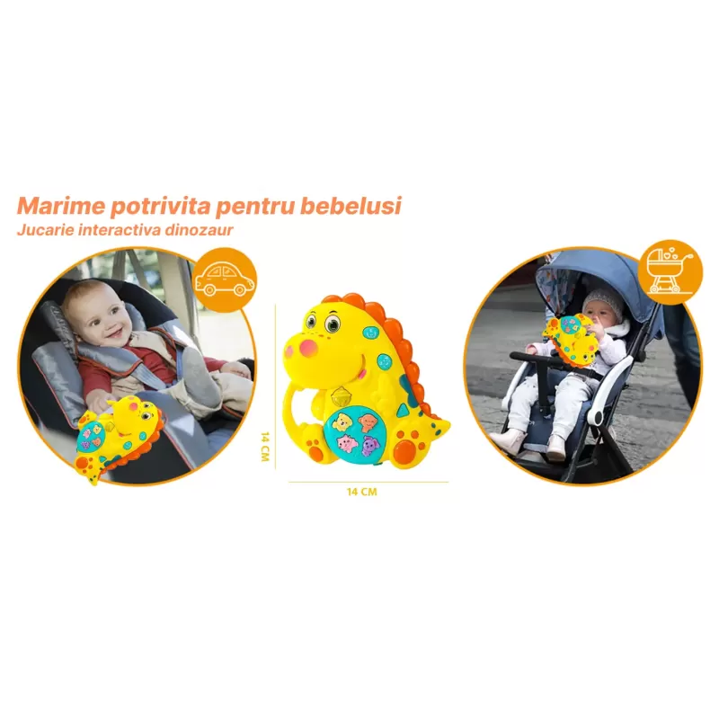 Jucarie interactiva muzicala cu functii si lumini, Dinozaur RCO, 14 x 14 cm, +12 luni