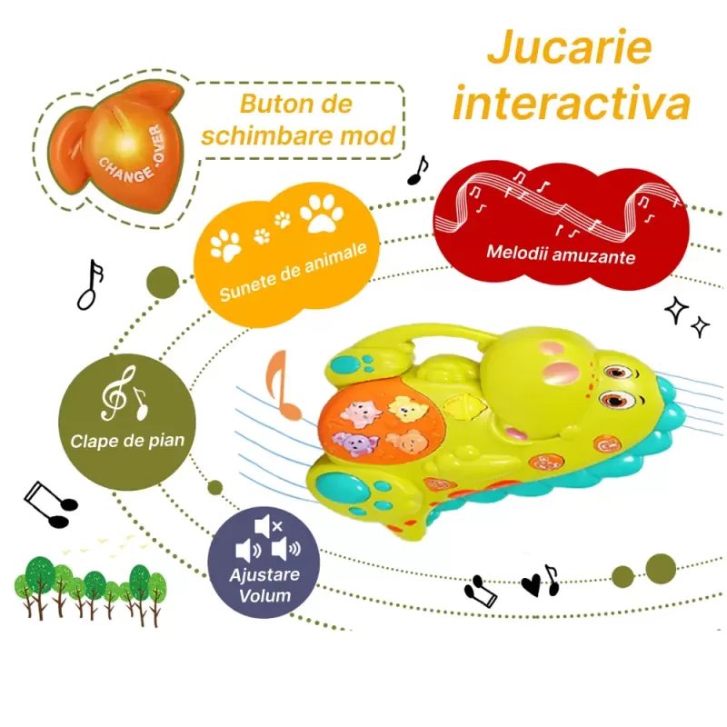 Jucarie interactiva muzicala cu functii si lumini, Dinozaur RCO, 14 x 14 cm, +12 luni