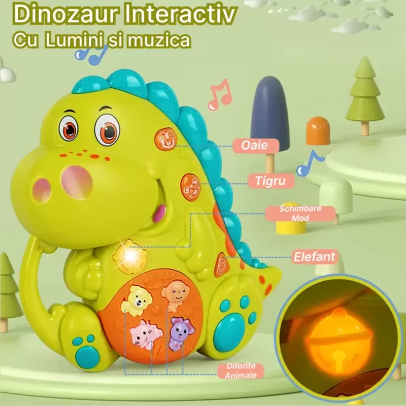 Jucarie interactiva muzicala cu functii si lumini, Dinozaur RCO, 14 x 14 cm, +12 luni