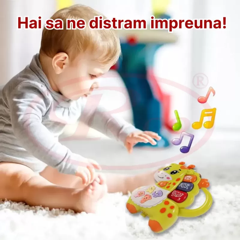 Mini orga muzicala Girafa verde cu sunete si lumini, jucarie interactiva 12+ luni