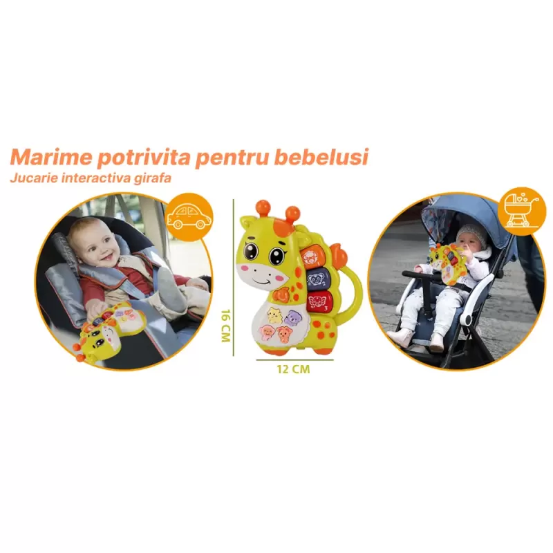 Mini orga muzicala Girafa verde cu sunete si lumini, jucarie interactiva 12+ luni
