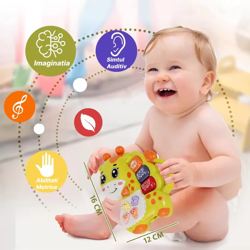 Mini orga muzicala Girafa verde cu sunete si lumini, jucarie interactiva 12+ luni