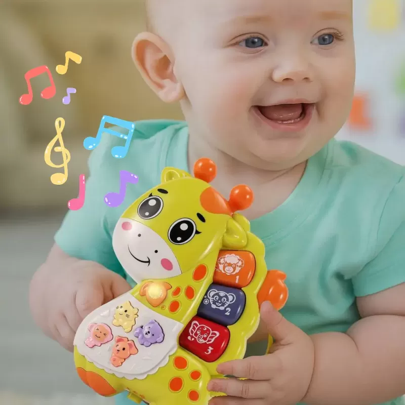 Mini orga muzicala Girafa verde cu sunete si lumini, jucarie interactiva 12+ luni