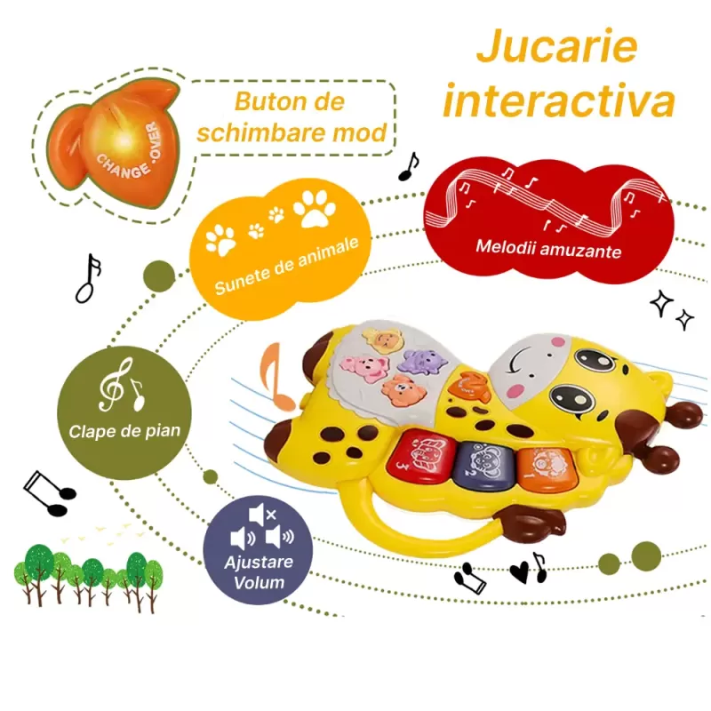 Mini orga muzicala Girafa galbena cu sunete si lumini, jucarie interactiva 12+ luni