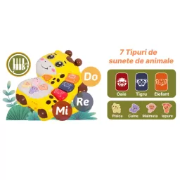 Mini orga muzicala Girafa galbena cu sunete si lumini, jucarie interactiva 12+ luni