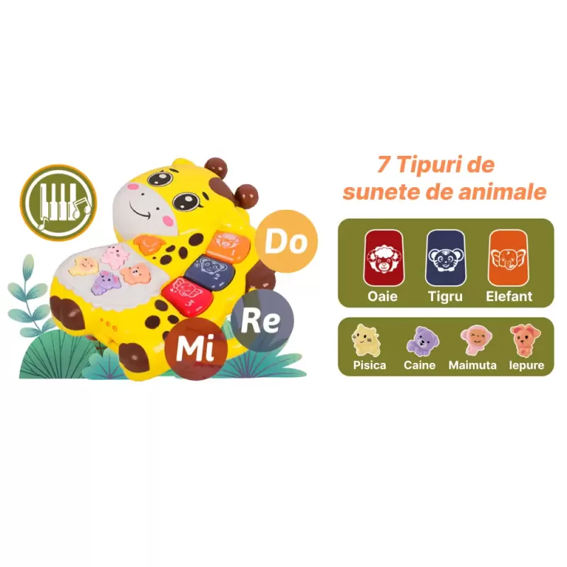 Mini orga muzicala Girafa galbena cu sunete si lumini, jucarie interactiva 12+ luni