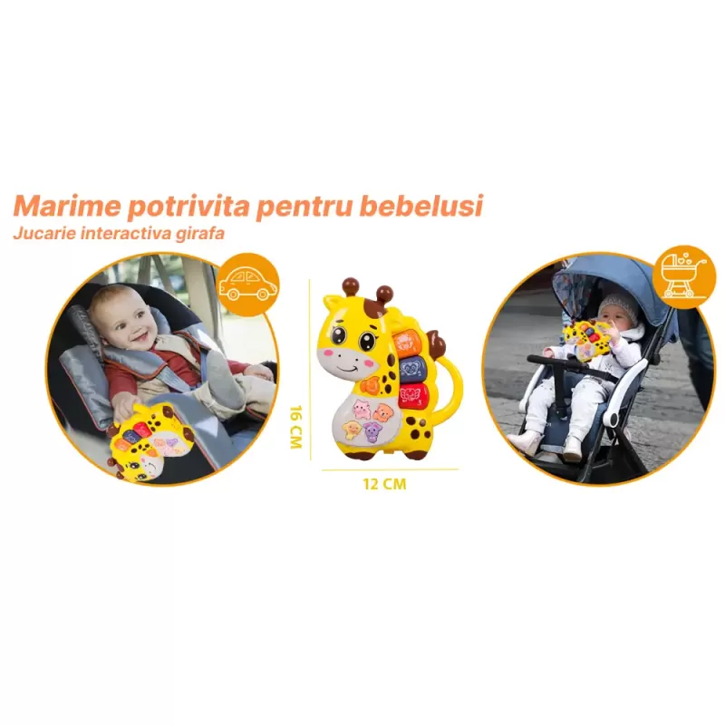 Mini orga muzicala Girafa galbena cu sunete si lumini, jucarie interactiva 12+ luni