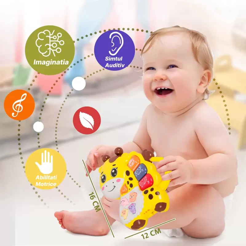 Mini orga muzicala Girafa galbena cu sunete si lumini, jucarie interactiva 12+ luni