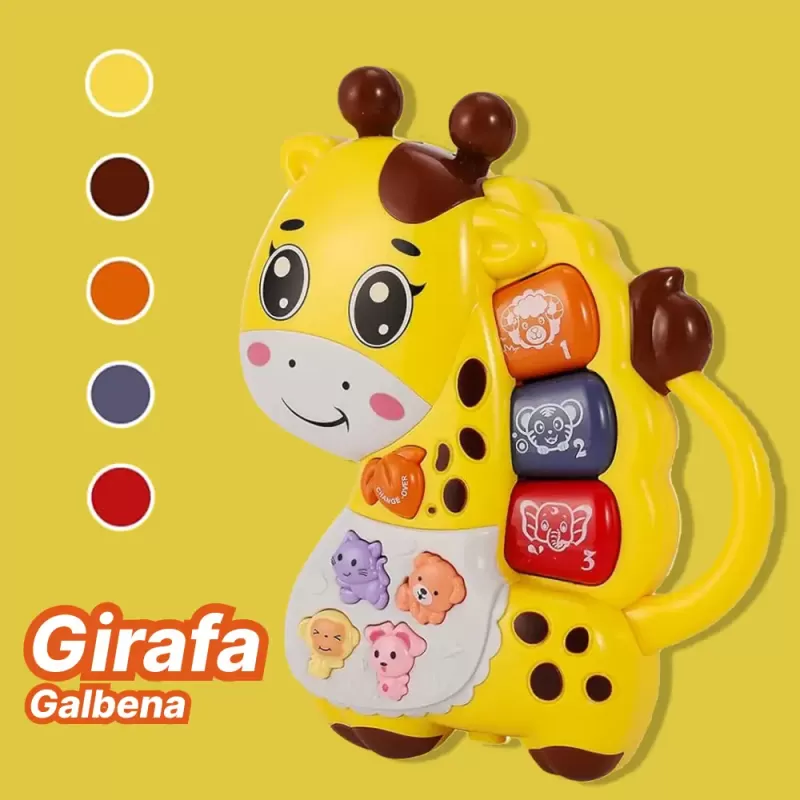 Mini orga muzicala Girafa galbena cu sunete si lumini, jucarie interactiva 12+ luni