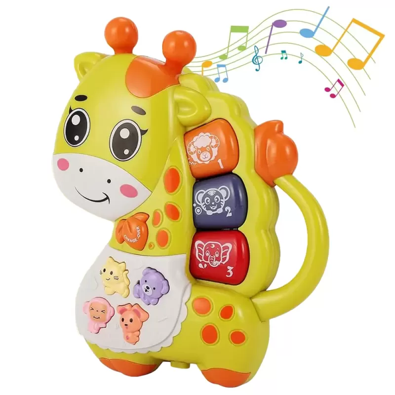 Mini orga muzicala Girafa verde cu sunete si lumini, jucarie interactiva 12+ luni