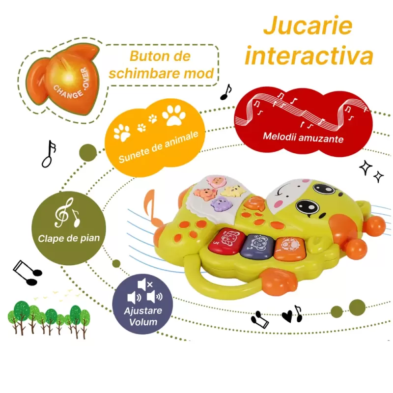 Mini orga muzicala Girafa verde cu sunete si lumini, jucarie interactiva 12+ luni