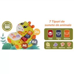Mini orga muzicala Girafa verde cu sunete si lumini, jucarie interactiva 12+ luni