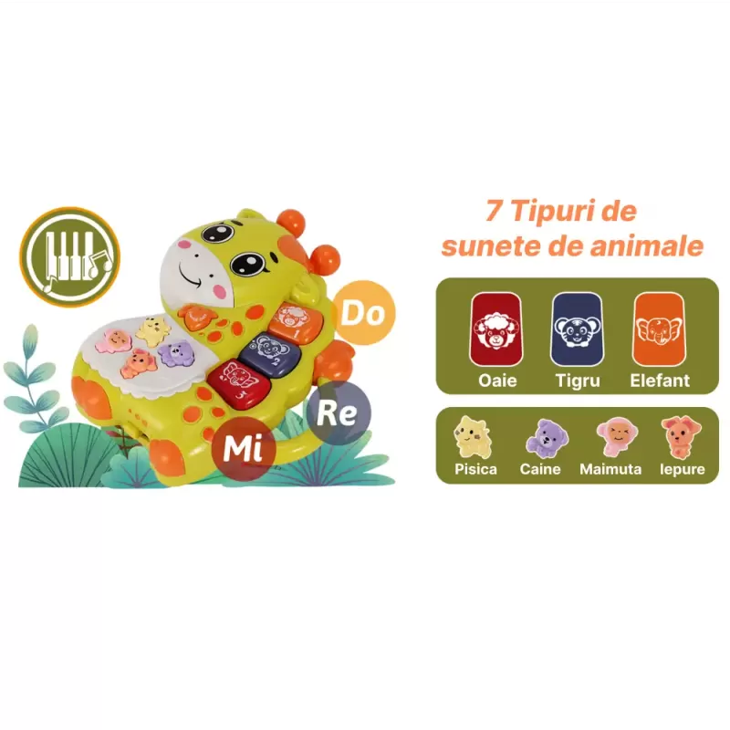 Mini orga muzicala Girafa verde cu sunete si lumini, jucarie interactiva 12+ luni