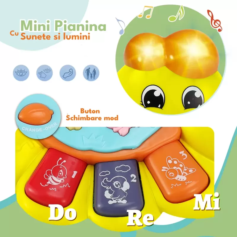 Jucarie interactiva muzicala cu functii si lumini, mini orga Omida RCO, 15 x 11 cm, +12 luni