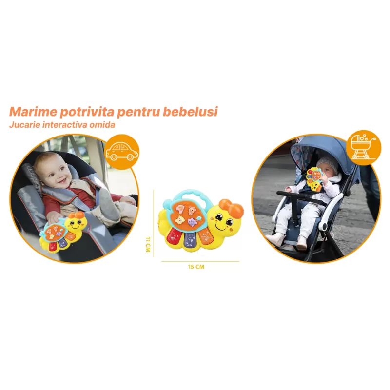 Jucarie interactiva muzicala cu functii si lumini, mini orga Omida RCO, 15 x 11 cm, +12 luni