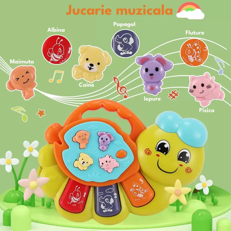 Jucarie interactiva muzicala cu functii si lumini, mini orga Omida RCO, 15 x 11 cm, +12 luni