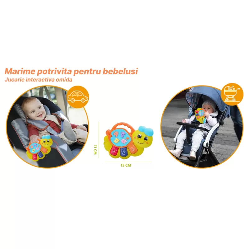 Jucarie interactiva muzicala cu functii si lumini, mini orga Omida RCO, 15 x 11 cm, +12 luni