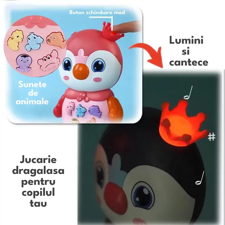 Jucarie interactiva muzicala cu functii si lumini, Pinguin Roz RCO, 15 x 9.5 cm, +12 luni