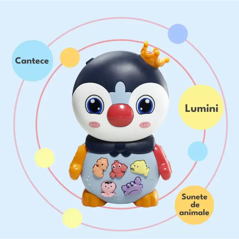 Jucarie interactiva muzicala cu functii si lumini, Pinguin RCO, 15 x 9.5 cm, +12 luni