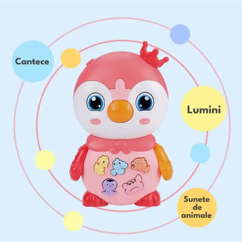 Jucarie interactiva muzicala cu functii si lumini, Pinguin Roz RCO, 15 x 9.5 cm, +12 luni