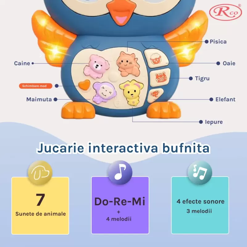 Jucarie interactiva muzicala cu functii si lumini, Bufnita RCO Albastra, +12 luni