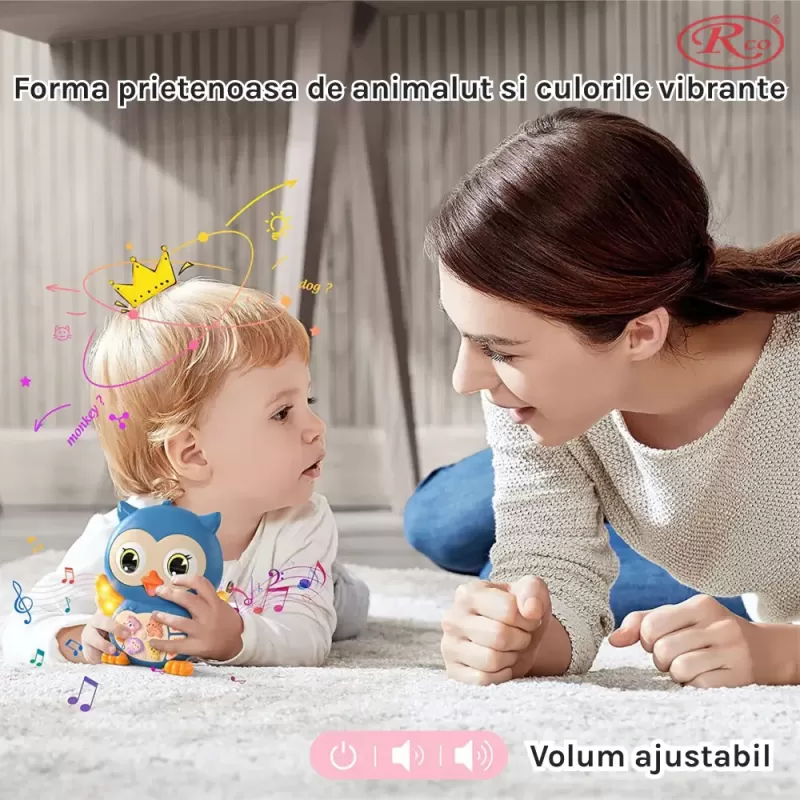 Jucarie interactiva muzicala cu functii si lumini, Bufnita RCO Albastra, +12 luni