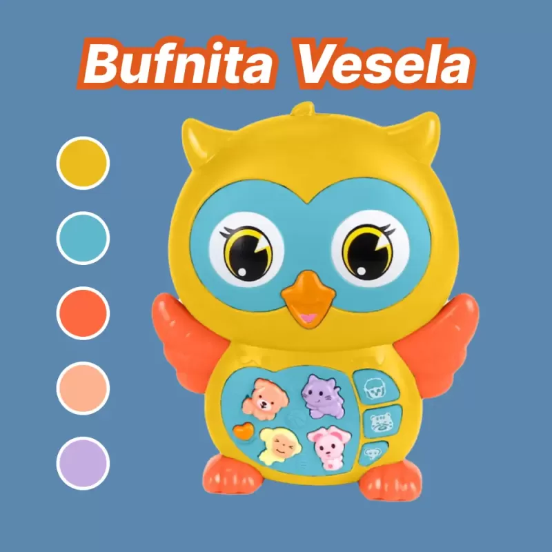 Jucarie interactiva muzicala cu functii si lumini, Bufnita RCO Galbena, +12 luni