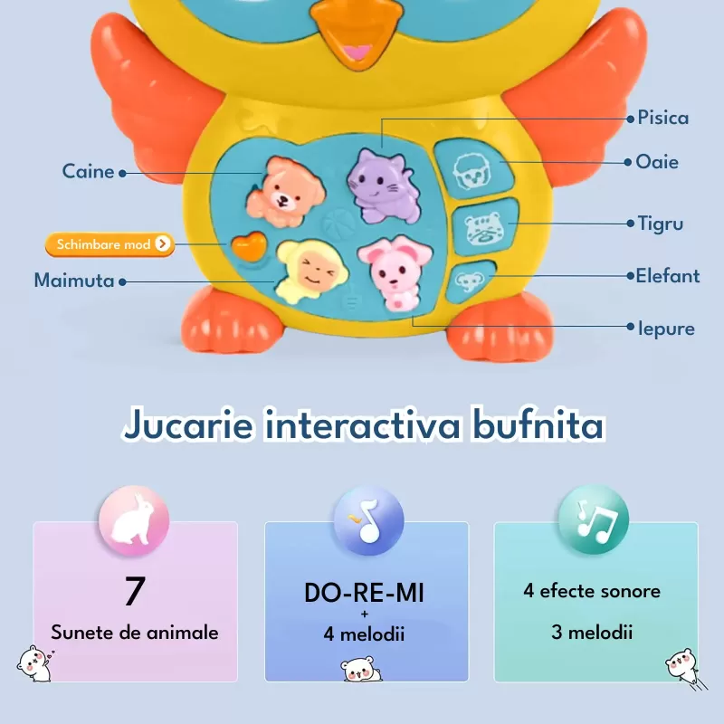 Jucarie interactiva muzicala cu functii si lumini, Bufnita RCO Galbena, +12 luni