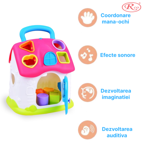 Jucarie Educativa, Casuta cu sortator de forme si culori RCO, 19.5x17.5x15 cm, +18 luni