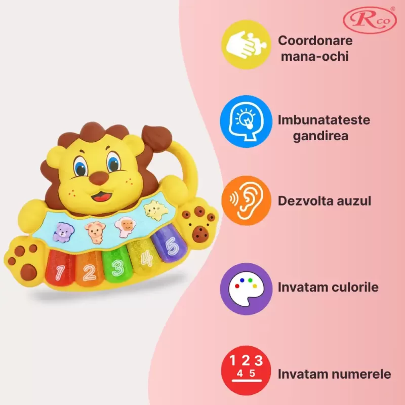 Jucarie interactiva muzicala cu functii si lumini, Mini orga Leu RCO, 14 x 17.5 cm, +12 luni